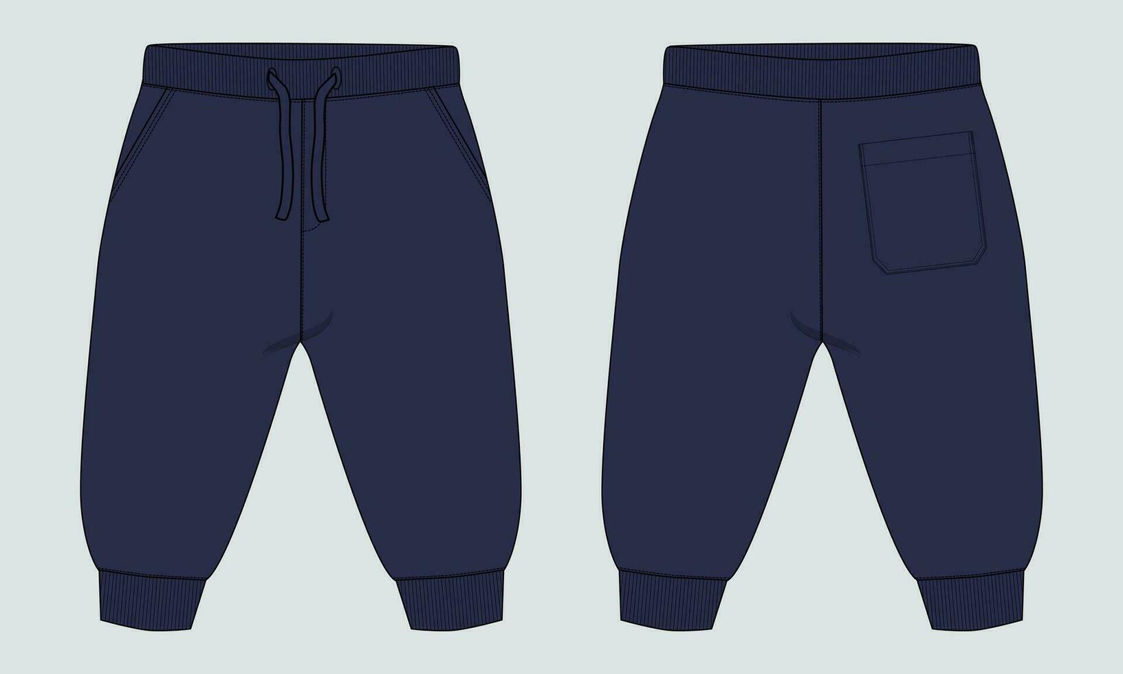 Fleece cotton jersey basic Sweat pant technical drawing fashion flat sketch template front and back views. Apparel jogger pants vector illustration mock up for kids and boys.