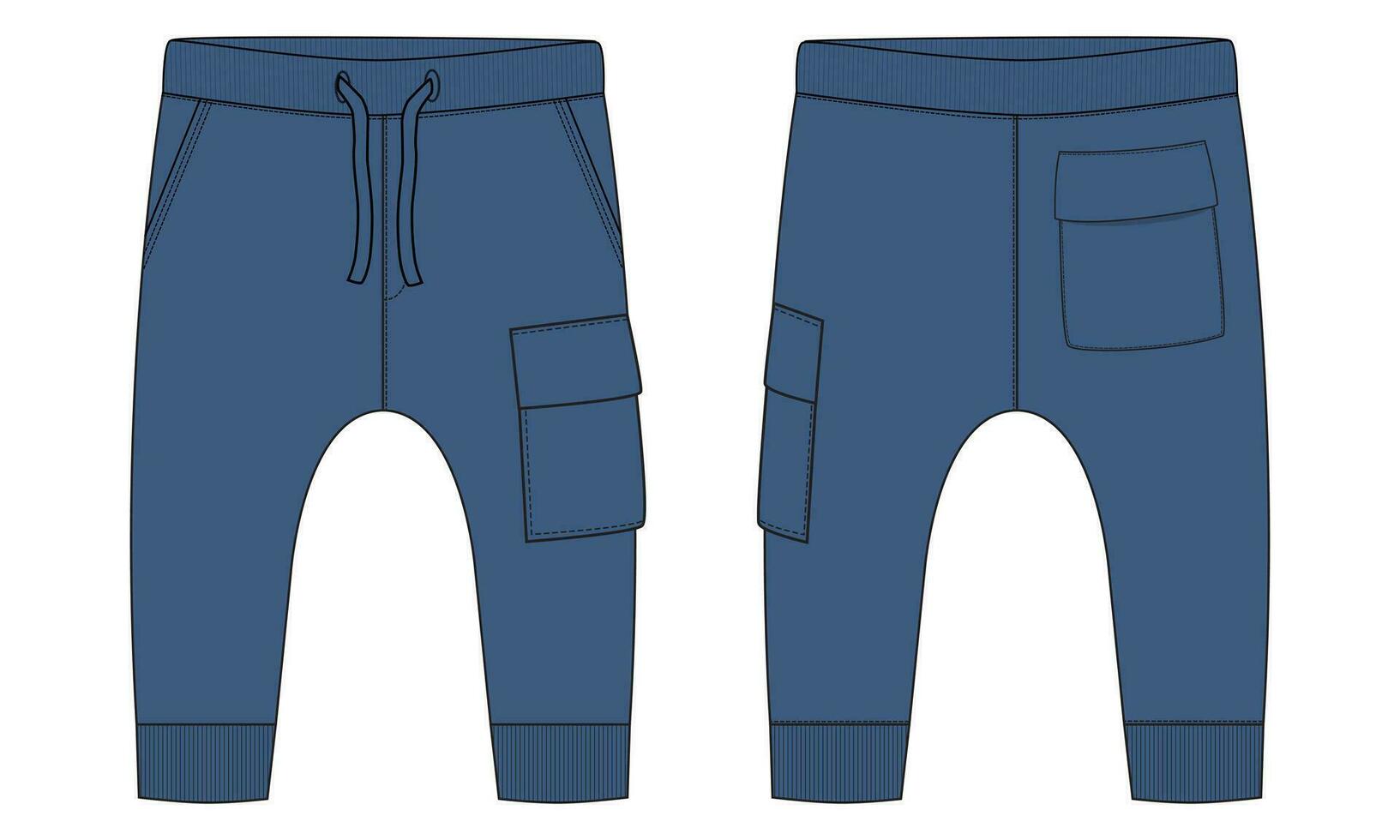 Fleece cotton jersey basic Sweat pant technical drawing fashion flat sketch template front and back views. Apparel jogger pants vector illustration mock up for kids and boys.