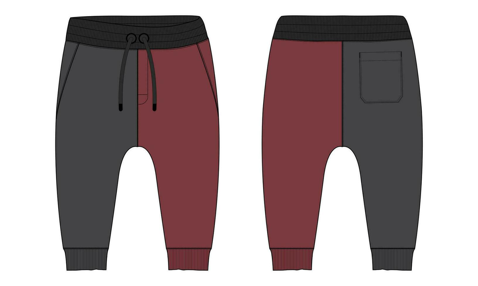 Fleece cotton jersey basic Sweat pant technical drawing fashion flat sketch template front and back views. Apparel jogger pants vector illustration mock up for kids and boys.