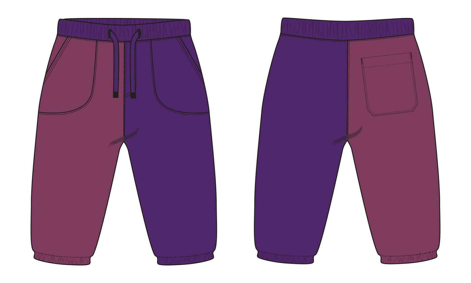 Fleece cotton jersey basic Sweat pant technical drawing fashion flat sketch template front and back views. Apparel jogger pants vector illustration mock up for kids and boys.