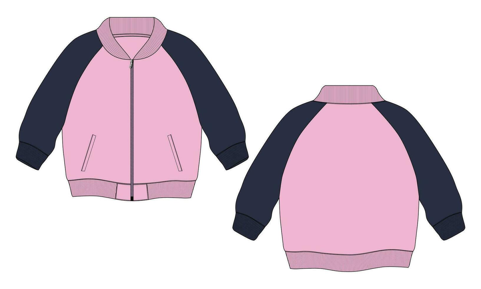 Long sleeve jacket with pocket and zipper technical fashion flat sketch vector illustration template front and back views. Fleece jersey sweatshirt jacket for men's and boys.