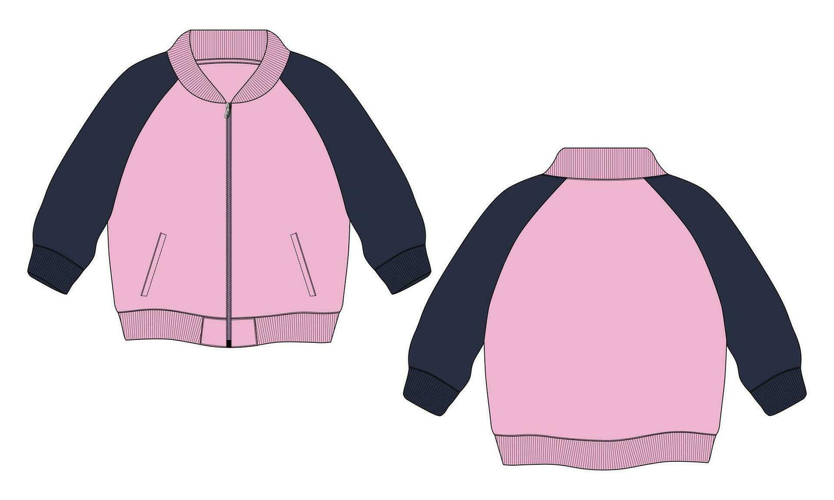 chaqueta de manga larga con bolsillo y cremallera vista frontal y posterior de la plantilla de ilustración vectorial de boceto plano de moda técnica. Chaqueta tipo sudadera de tejido polar para hombre y niño. vector