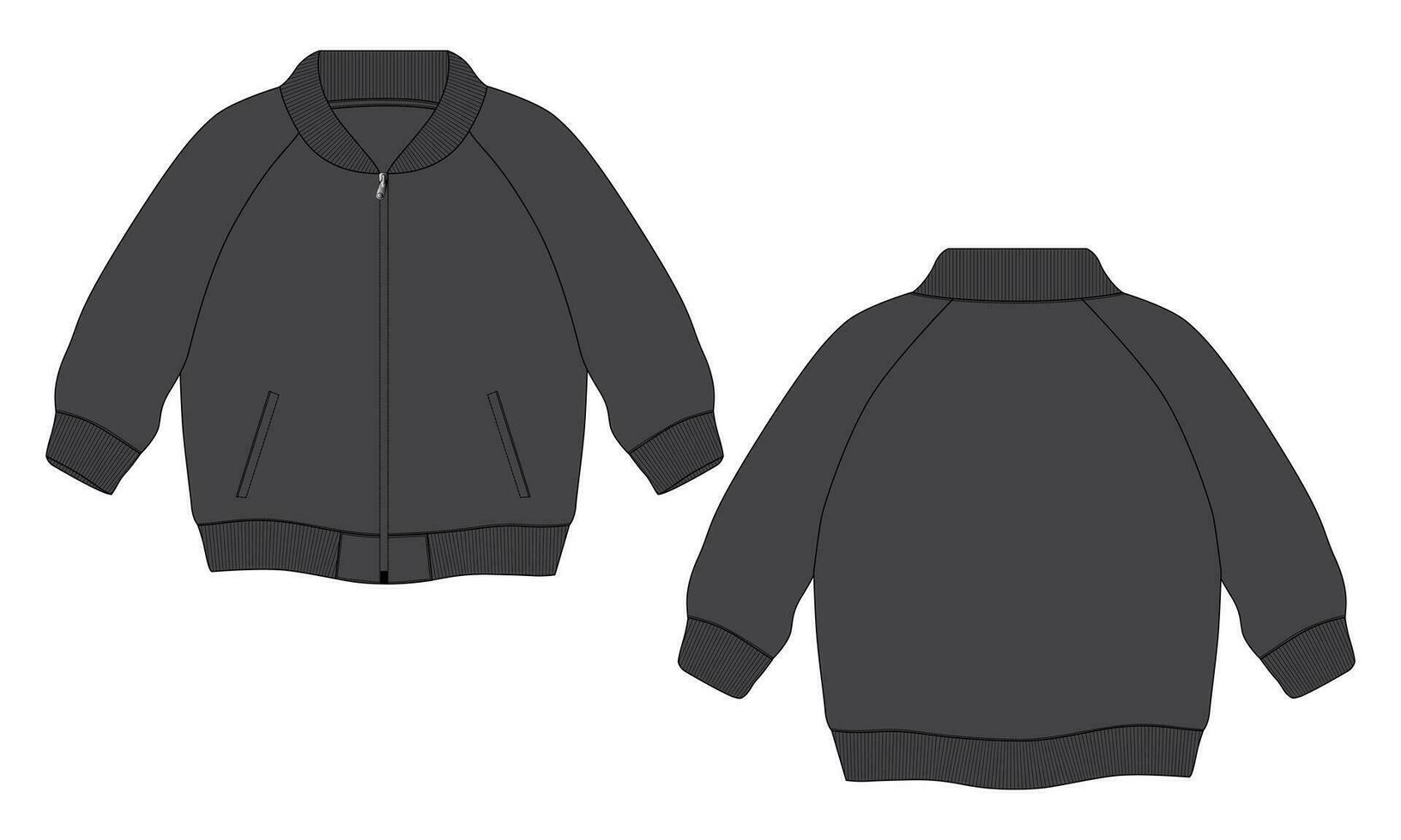 chaqueta de manga larga con bolsillo y cremallera vista frontal y posterior de la plantilla de ilustración vectorial de boceto plano de moda técnica. Chaqueta tipo sudadera de tejido polar para hombre y niño. vector