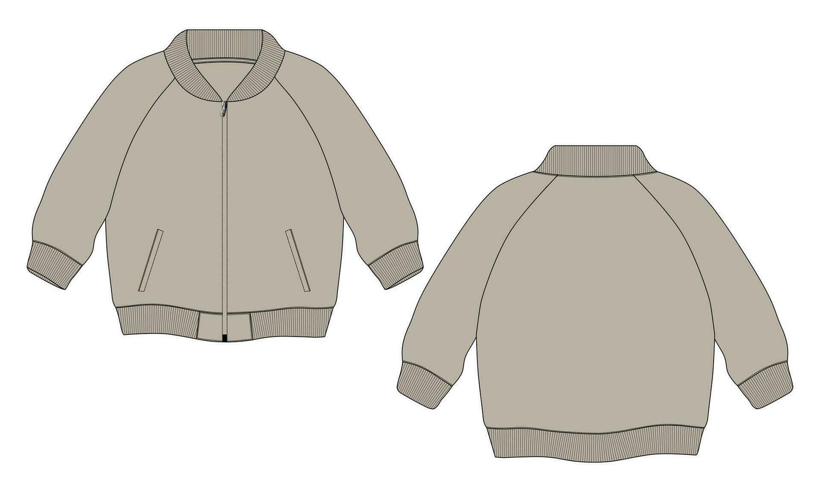 Long sleeve jacket with pocket and zipper technical fashion flat sketch vector illustration template front and back views. Fleece jersey sweatshirt jacket for men's and boys.