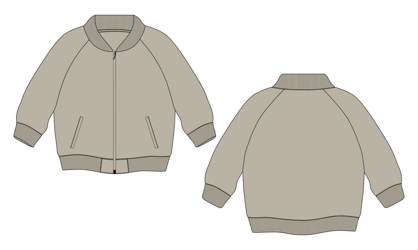 chaqueta de manga larga con bolsillo y cremallera vista frontal y posterior de la plantilla de ilustración vectorial de boceto plano de moda técnica. Chaqueta tipo sudadera de tejido polar para hombre y niño. vector