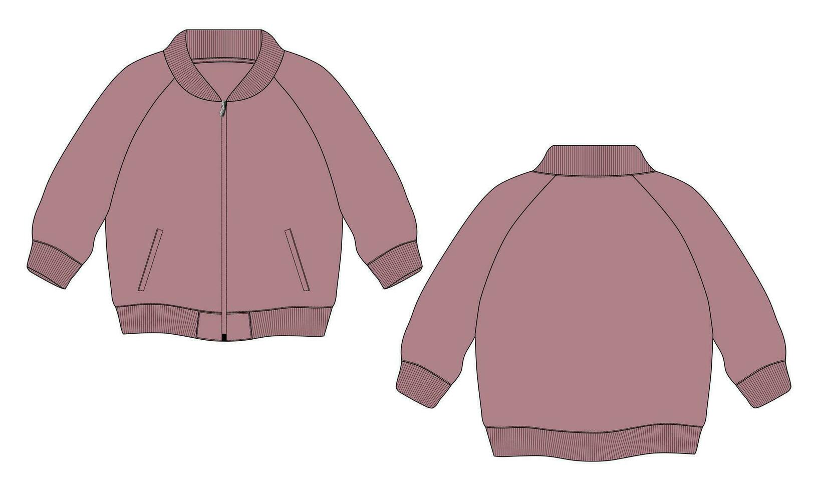 chaqueta de manga larga con bolsillo y cremallera vista frontal y posterior de la plantilla de ilustración vectorial de boceto plano de moda técnica. Chaqueta tipo sudadera de tejido polar para hombre y niño. vector