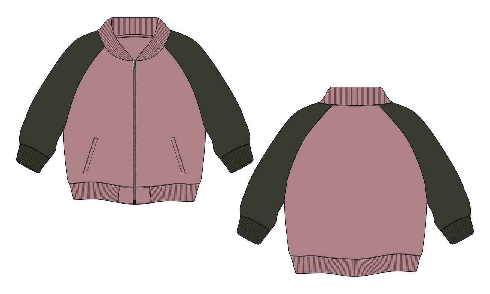 chaqueta de manga larga con bolsillo y cremallera vista frontal y posterior de la plantilla de ilustración vectorial de boceto plano de moda técnica. Chaqueta tipo sudadera de tejido polar para hombre y niño. vector