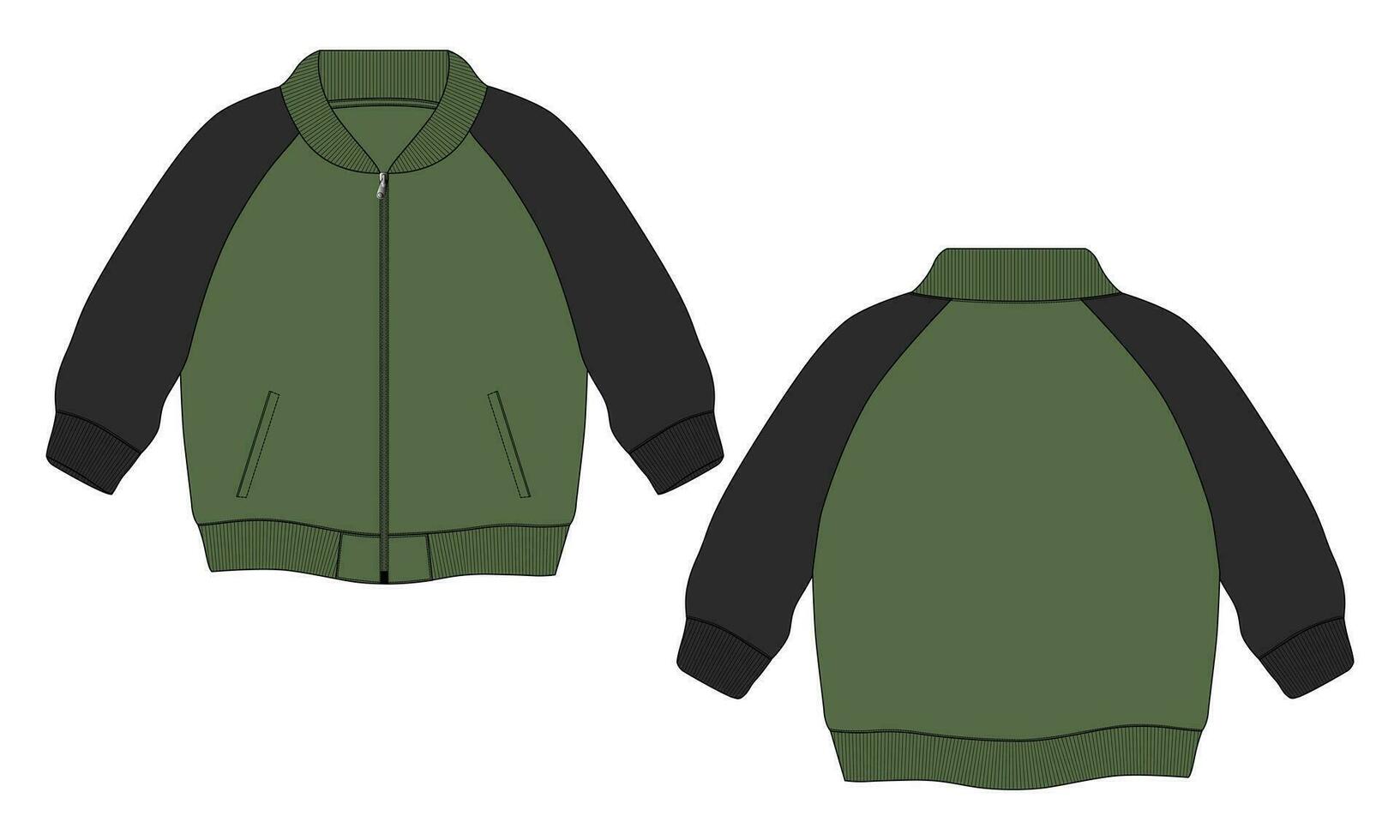 chaqueta de manga larga con bolsillo y cremallera vista frontal y posterior de la plantilla de ilustración vectorial de boceto plano de moda técnica. Chaqueta tipo sudadera de tejido polar para hombre y niño. vector