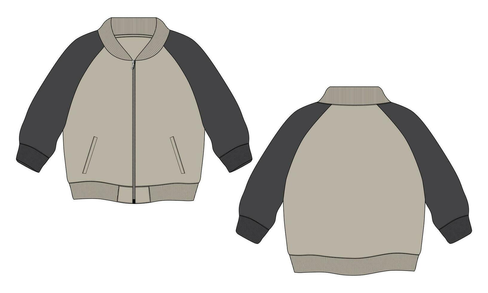 chaqueta de manga larga con bolsillo y cremallera vista frontal y posterior de la plantilla de ilustración vectorial de boceto plano de moda técnica. Chaqueta tipo sudadera de tejido polar para hombre y niño. vector