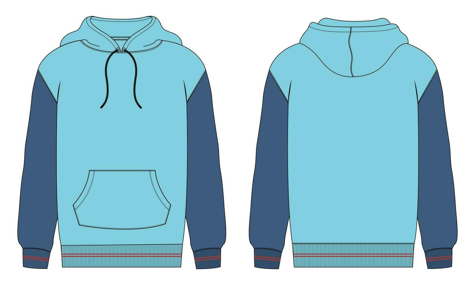 sudadera con capucha de manga larga con cremallera vista frontal y trasera de la plantilla de dibujo técnico de moda. ropa vestido diseño vector ilustración maqueta