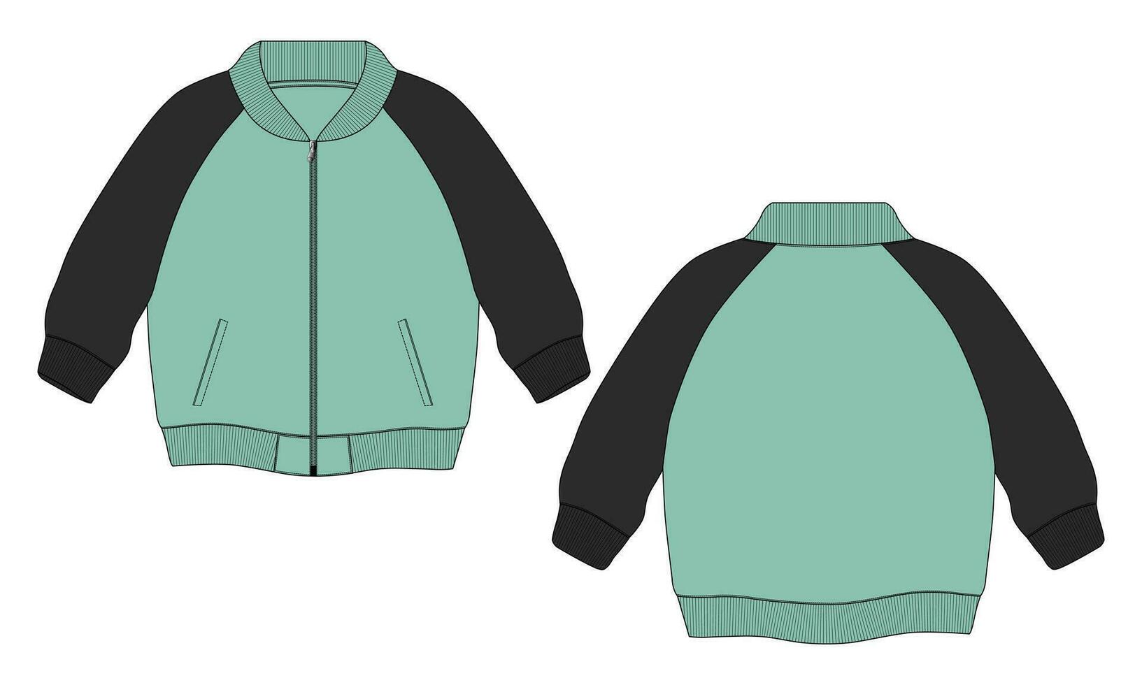 chaqueta de manga larga con bolsillo y cremallera vista frontal y posterior de la plantilla de ilustración vectorial de boceto plano de moda técnica. Chaqueta tipo sudadera de tejido polar para hombre y niño. vector