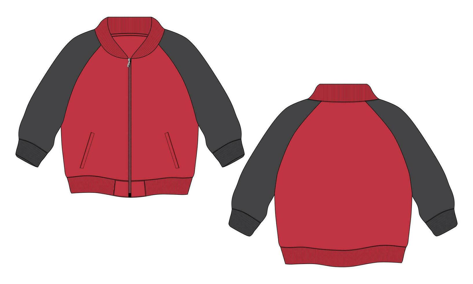 chaqueta de manga larga con bolsillo y cremallera vista frontal y posterior de la plantilla de ilustración vectorial de boceto plano de moda técnica. Chaqueta tipo sudadera de tejido polar para hombre y niño. vector