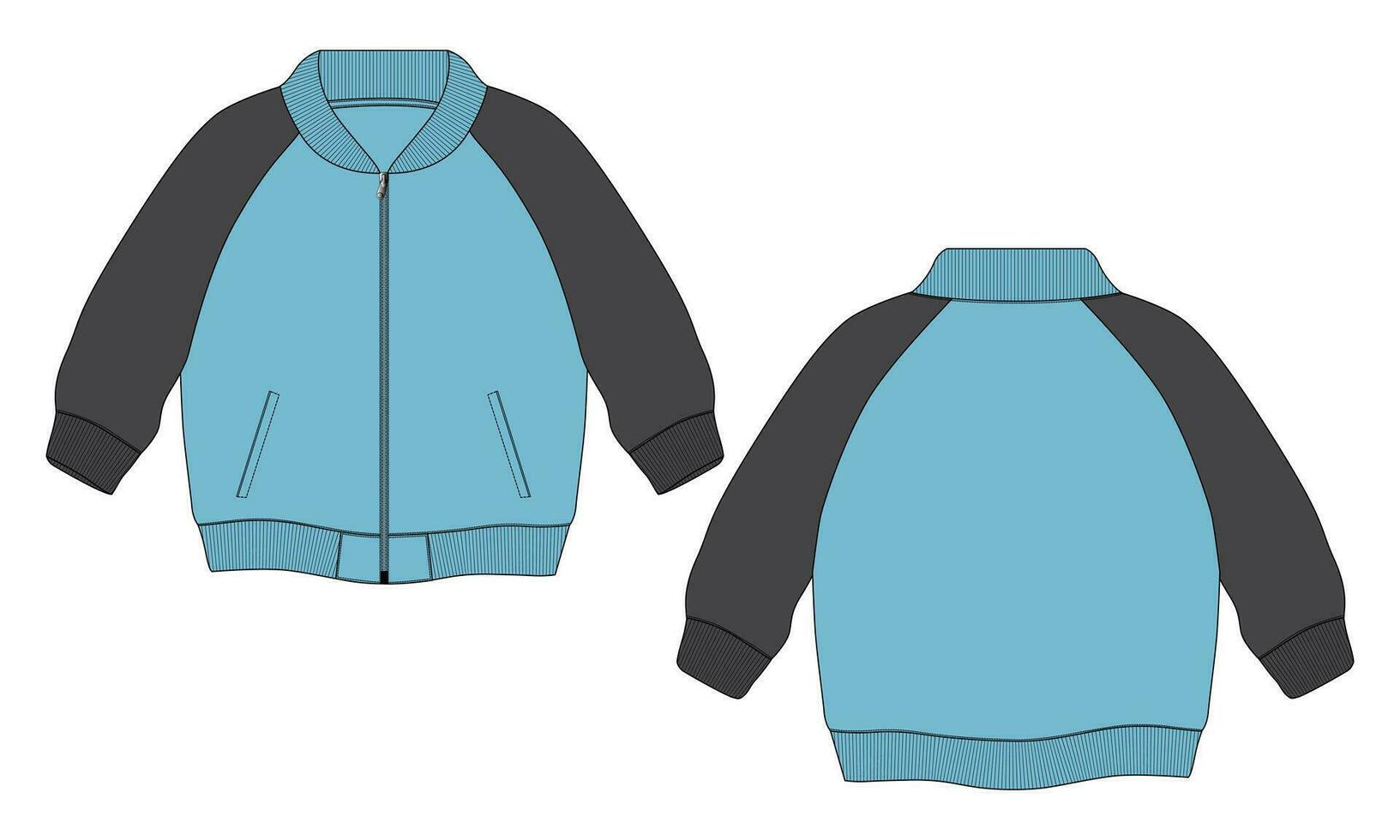 chaqueta de manga larga con bolsillo y cremallera vista frontal y posterior de la plantilla de ilustración vectorial de boceto plano de moda técnica. Chaqueta tipo sudadera de tejido polar para hombre y niño. vector