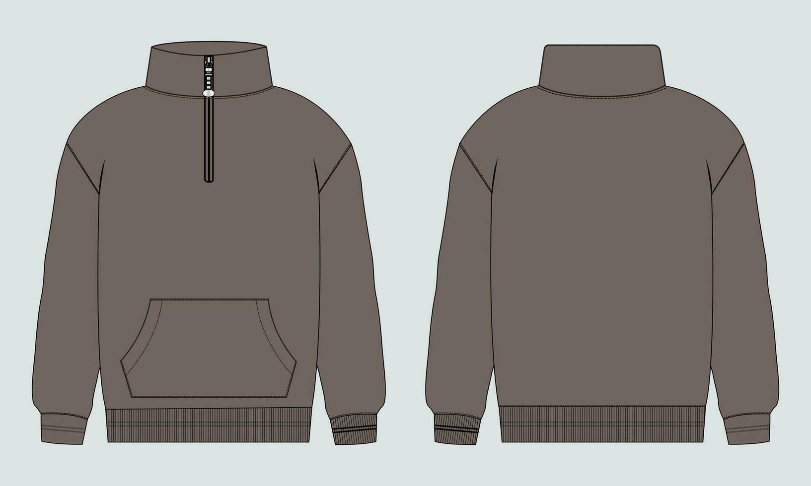 Long sleeve jacket with pocket and zipper technical fashion flat sketch vector illustration template front and back views. Fleece jersey sweatshirt jacket for men's and boys.