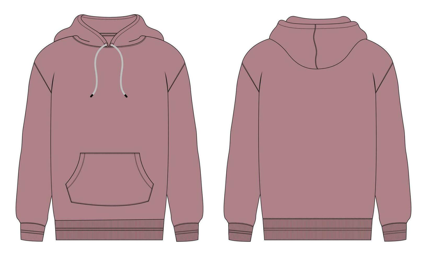 sudadera con capucha de manga larga con cremallera vista frontal y trasera de la plantilla de dibujo técnico de moda. ropa vestido diseño vector ilustración maqueta