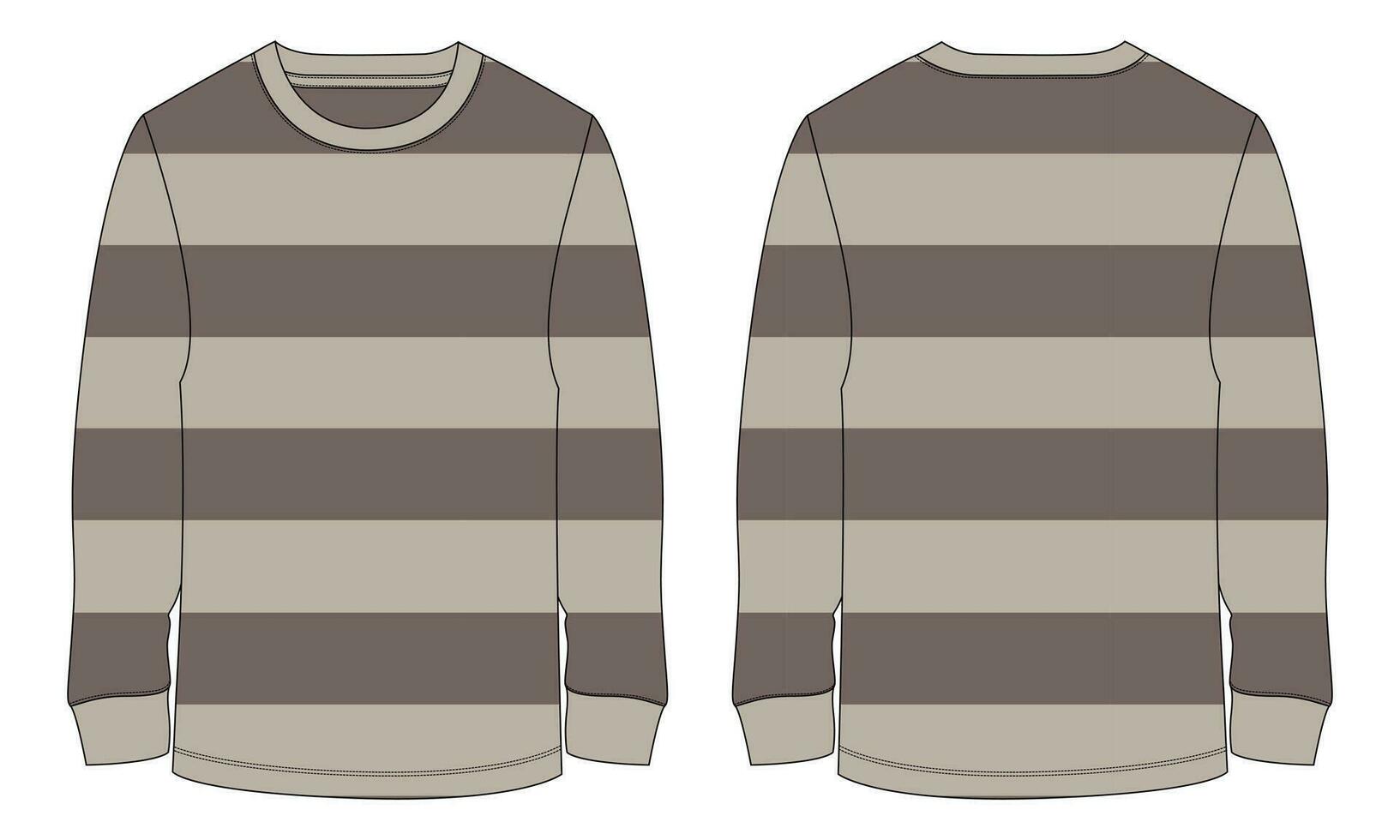 Long Sleeve T shirt With all over Stripe All Over Body Technical Fashion Flat sketch Vector Illustration Template Front And Back Views.