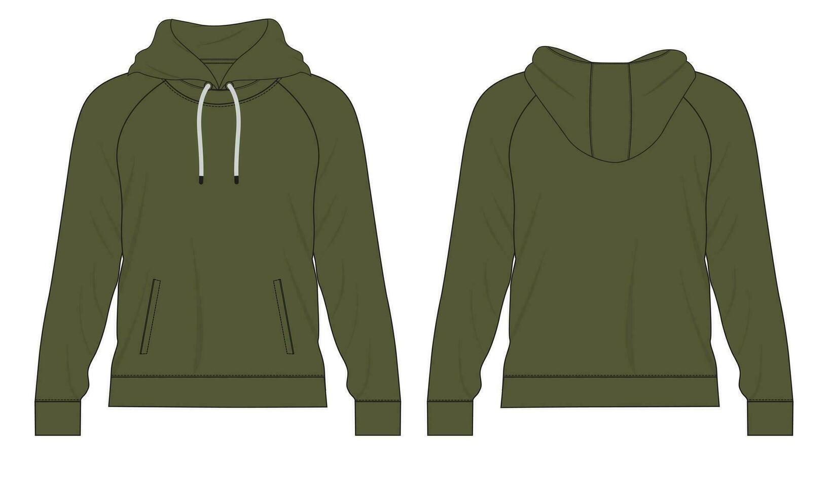 Hoodie Technical fashion flat sketch Vector template. Cotton fleece fabric Apparel hooded sweatshirt illustration mock up Front, back views.