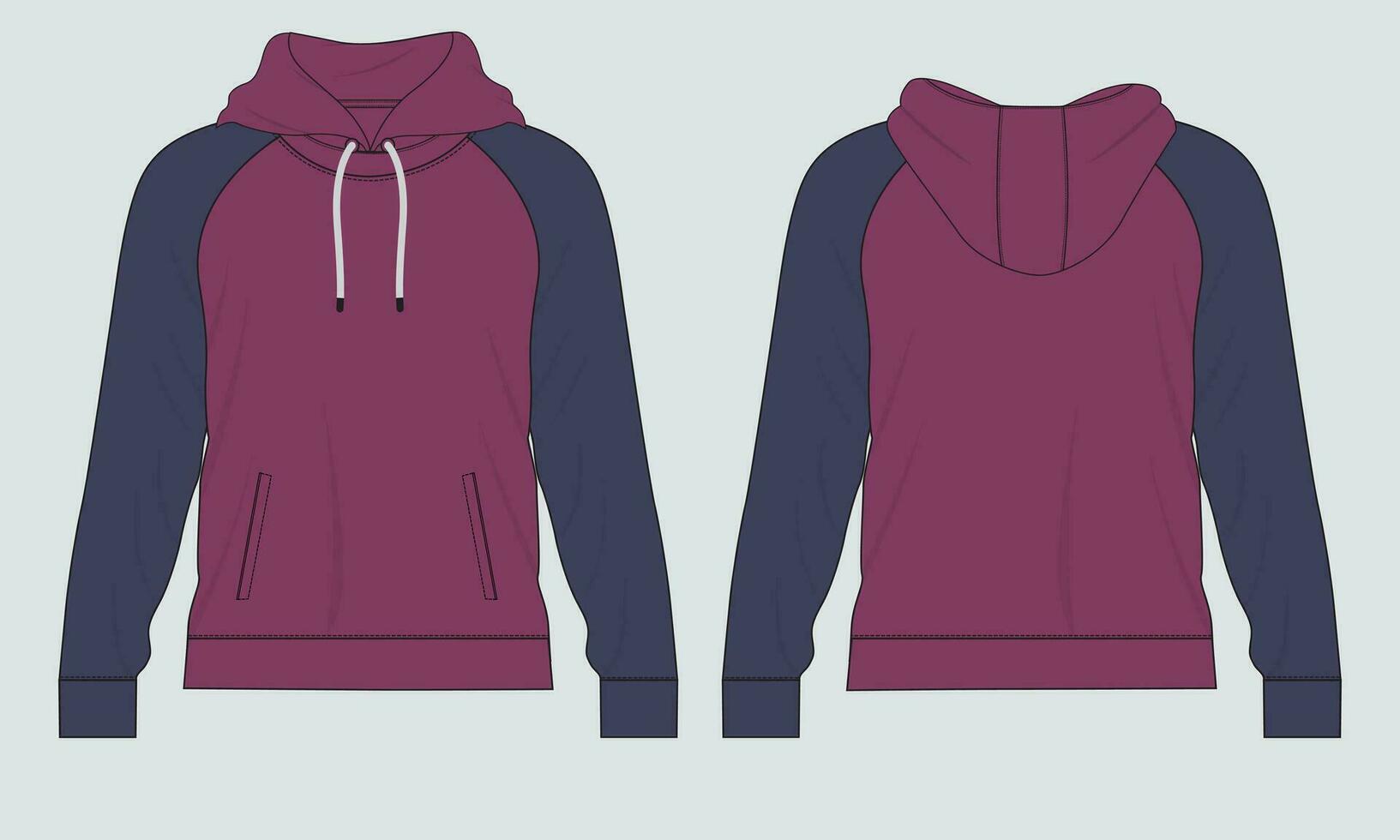 Hoodie Technical fashion flat sketch Vector template. Cotton fleece fabric Apparel hooded sweatshirt illustration mock up Front, back views.