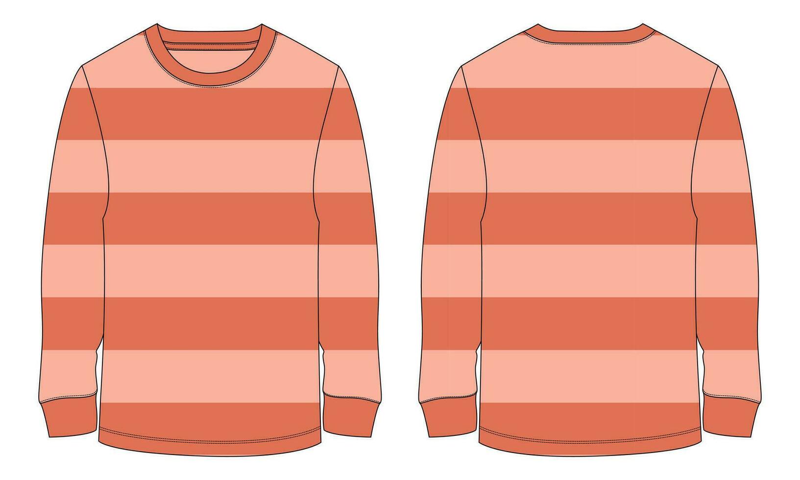 Long Sleeve T shirt With all over Stripe All Over Body Technical Fashion Flat sketch Vector Illustration Template Front And Back Views.