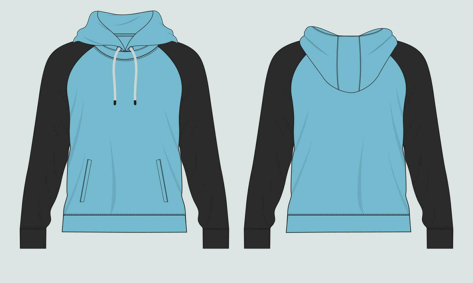 Hoodie Technical fashion flat sketch Vector template. Cotton fleece fabric Apparel hooded sweatshirt illustration mock up Front, back views.
