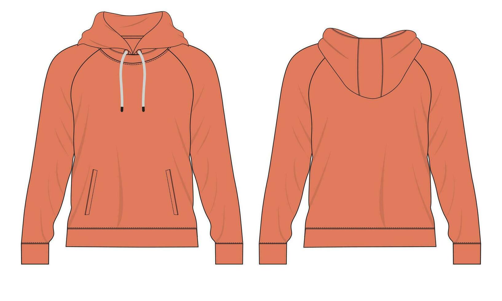 Hoodie Technical fashion flat sketch Vector template. Cotton fleece fabric Apparel hooded sweatshirt illustration mock up Front, back views.