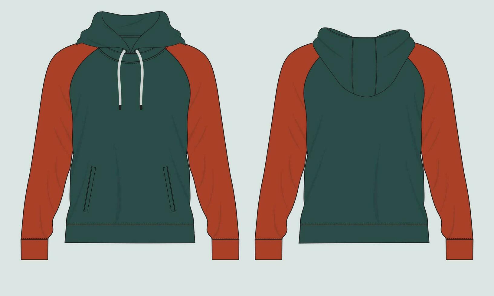 Hoodie Technical fashion flat sketch Vector template. Cotton fleece fabric Apparel hooded sweatshirt illustration mock up Front, back views.