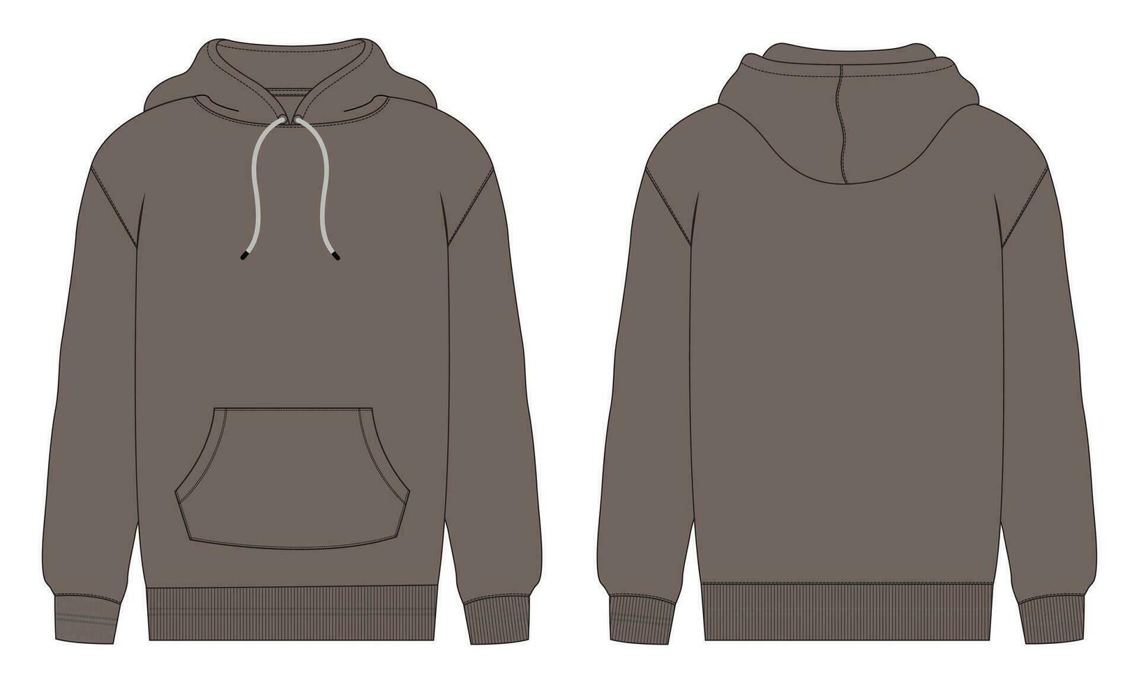 Hoodie Technical fashion flat sketch Vector template. Cotton fleece fabric Apparel hooded sweatshirt illustration mock up Front, back views.