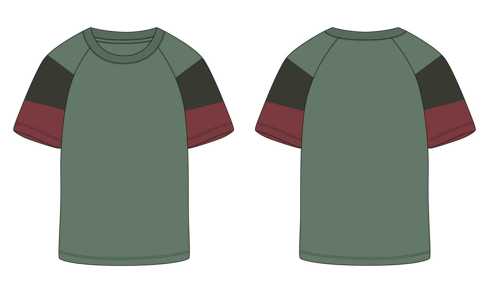 Short sleeve Raglan T shirt technical fashion flat sketch vector Illustration template front, back views