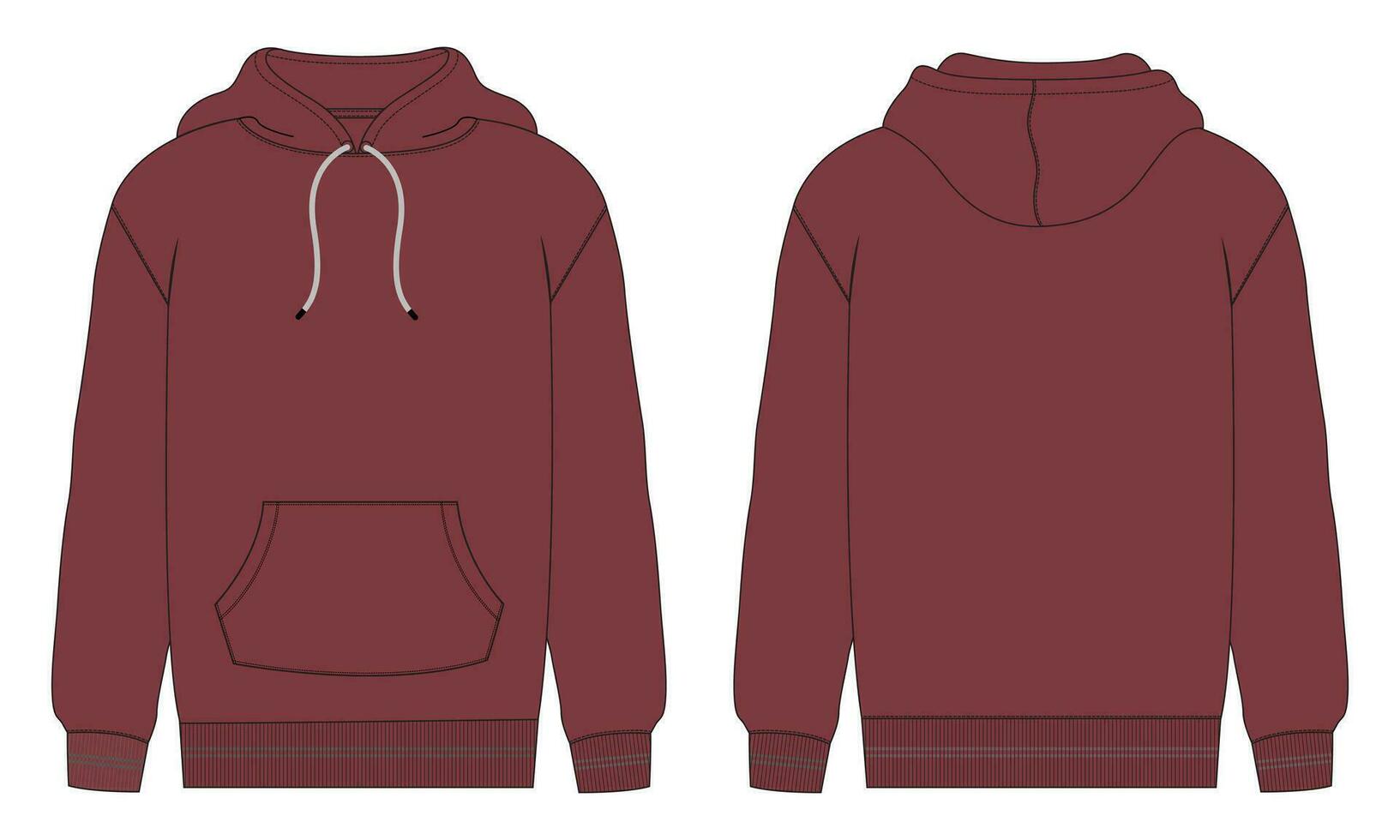 Long sleeve hoodie with Zipper technical fashion Drawing sketch template front and back view. apparel dress design vector illustration mock up