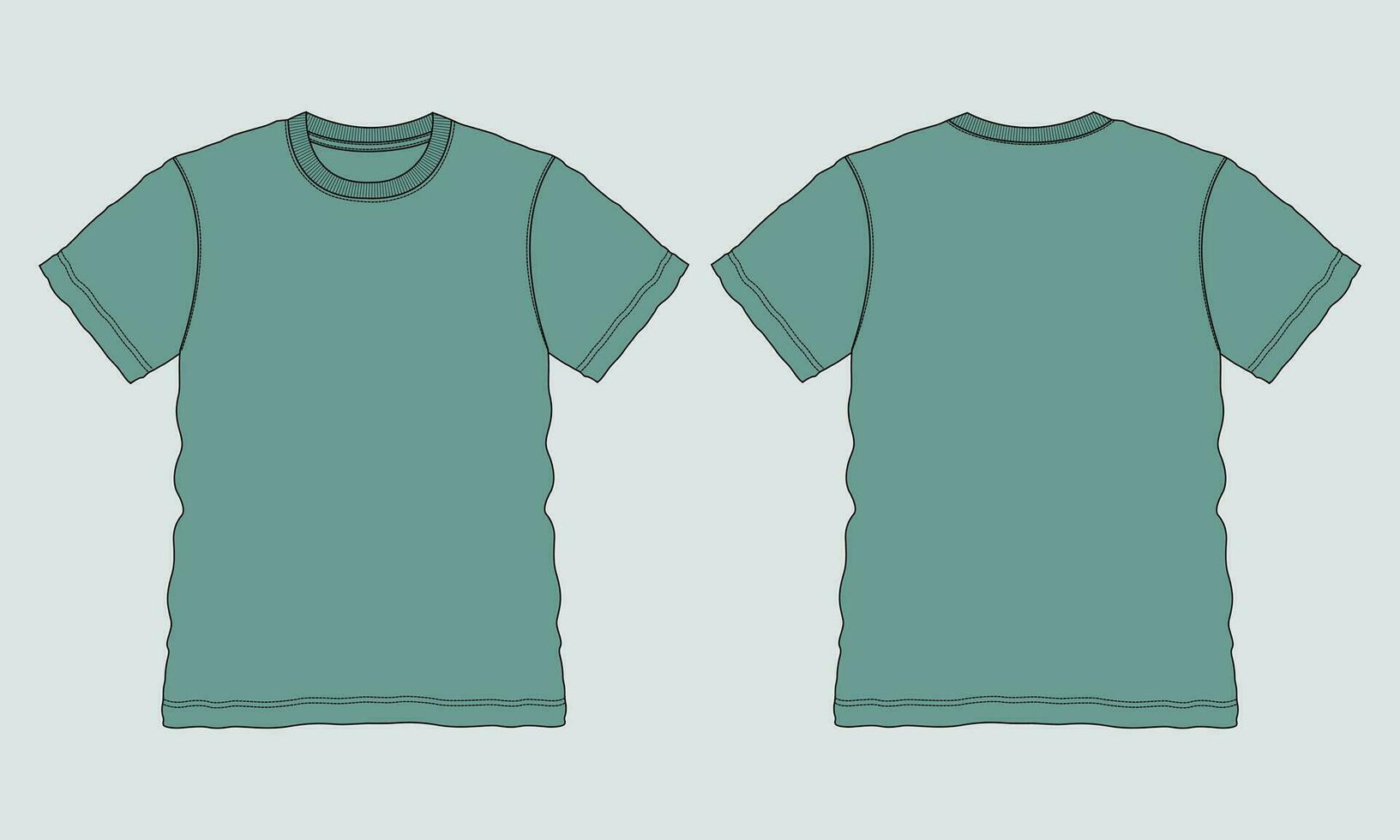 Regular fit Short sleeve T-shirt technical Sketch fashion Flat Template With Round neckline Front and back view. Clothing Art Drawing Vector illustration basic apparel design Mock up.