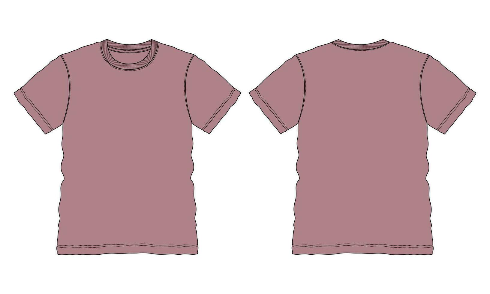 Regular fit Short sleeve T-shirt technical Sketch fashion Flat Template With Round neckline Front and back view. Clothing Art Drawing Vector illustration basic apparel design Mock up.