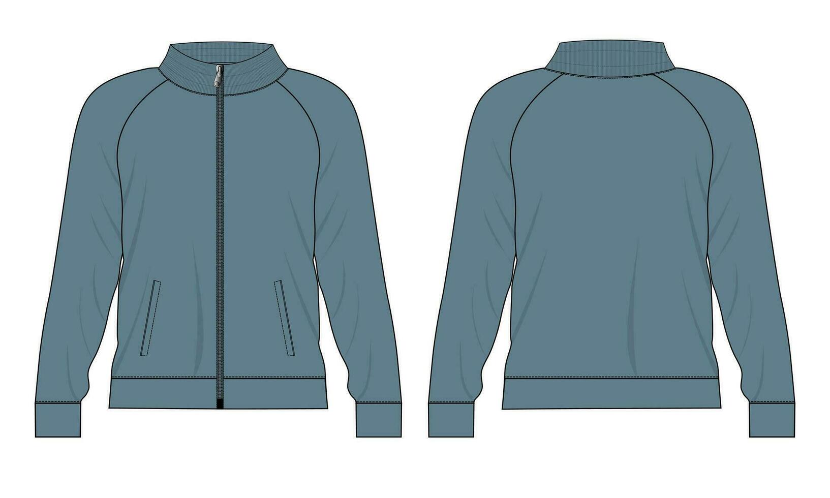 Long sleeve jacket with pocket and zipper technical fashion flat sketch vector illustration template front and back views. Fleece jersey sweatshirt jacket for men's and boys.