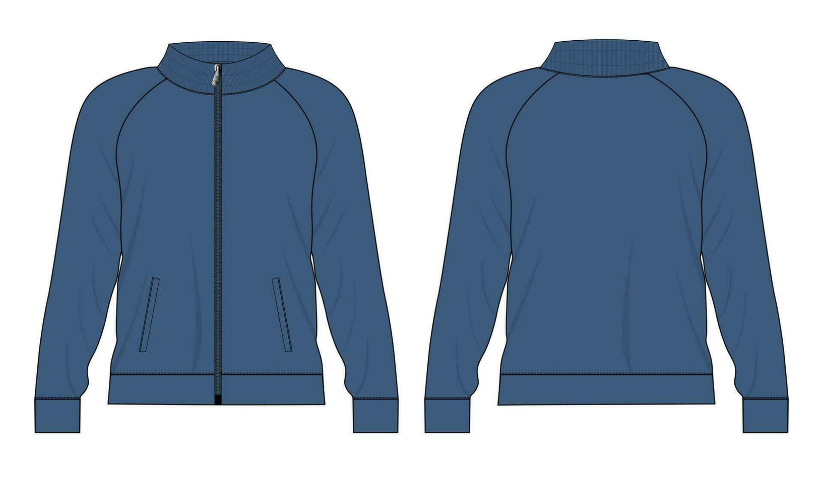 Long sleeve jacket with pocket and zipper technical fashion flat sketch vector illustration template front and back views. Fleece jersey sweatshirt jacket for men's and boys.