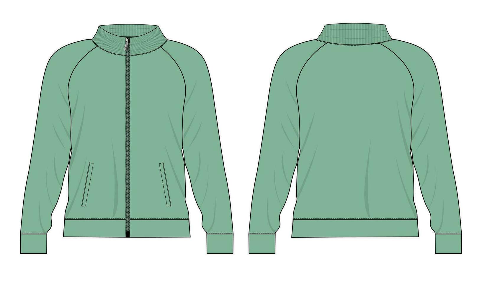 chaqueta de manga larga con bolsillo y cremallera vista frontal y posterior de la plantilla de ilustración vectorial de boceto plano de moda técnica. Chaqueta tipo sudadera de tejido polar para hombre y niño. vector