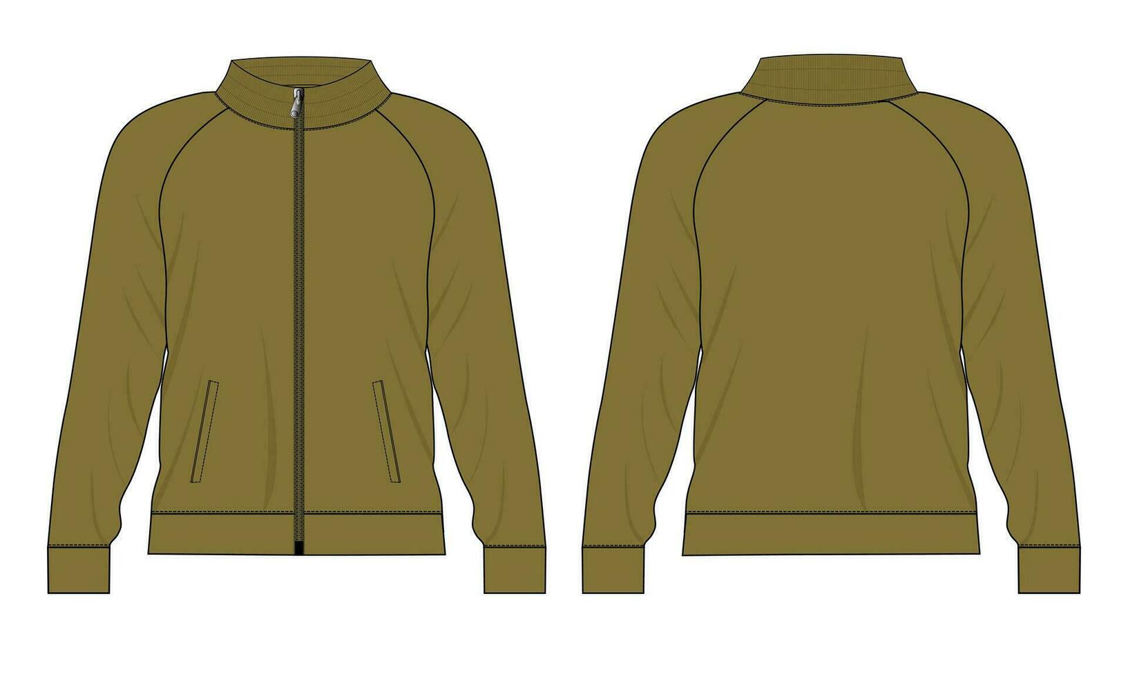 chaqueta de manga larga con bolsillo y cremallera vista frontal y posterior de la plantilla de ilustración vectorial de boceto plano de moda técnica. Chaqueta tipo sudadera de tejido polar para hombre y niño. vector