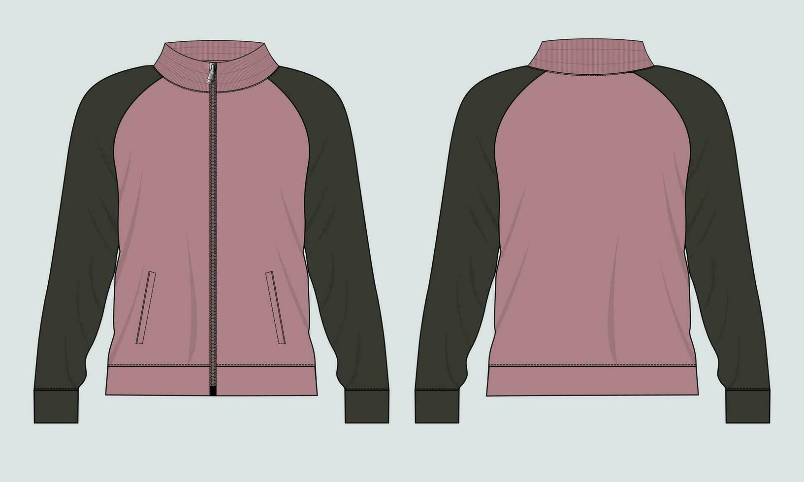 Long sleeve jacket with pocket and zipper technical fashion flat sketch vector illustration template front and back views. Fleece jersey sweatshirt jacket for men's and boys.