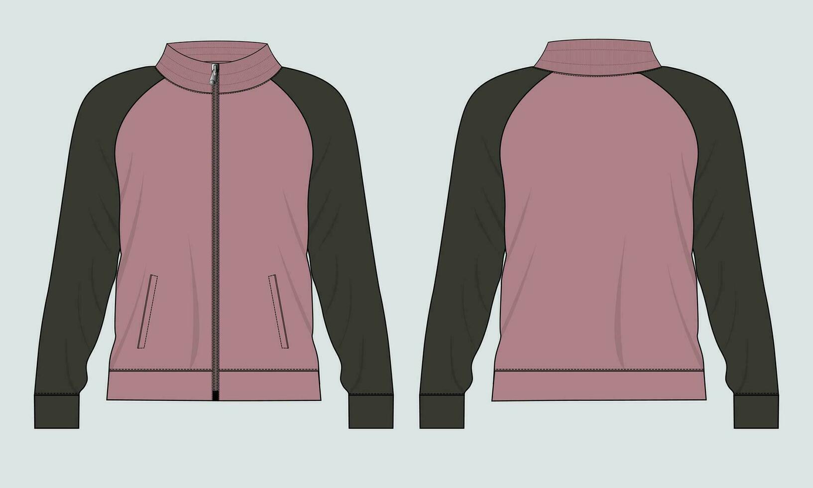 Long sleeve jacket with pocket and zipper technical fashion flat sketch vector illustration template front and back views. Fleece jersey sweatshirt jacket for men's and boys.