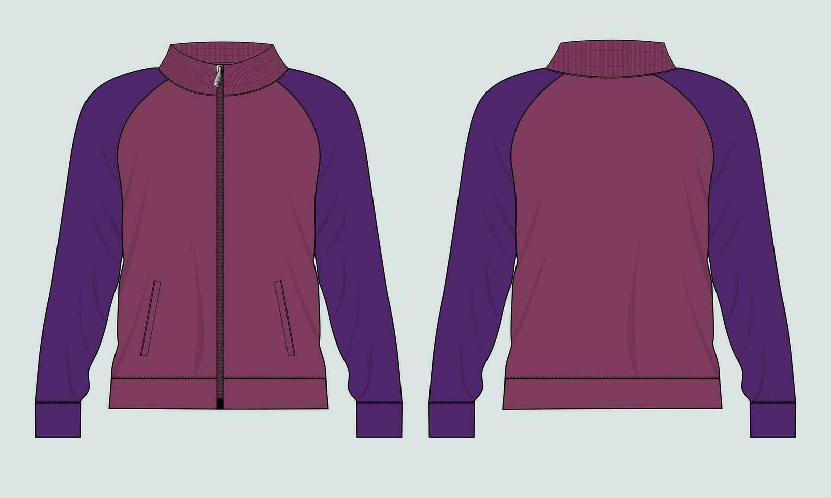 Long sleeve jacket with pocket and zipper technical fashion flat sketch vector illustration template front and back views. Fleece jersey sweatshirt jacket for men's and boys.