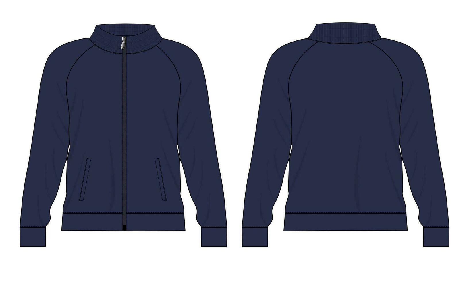Long sleeve jacket with pocket and zipper technical fashion flat sketch vector illustration template front and back views. Fleece jersey sweatshirt jacket for men's and boys.