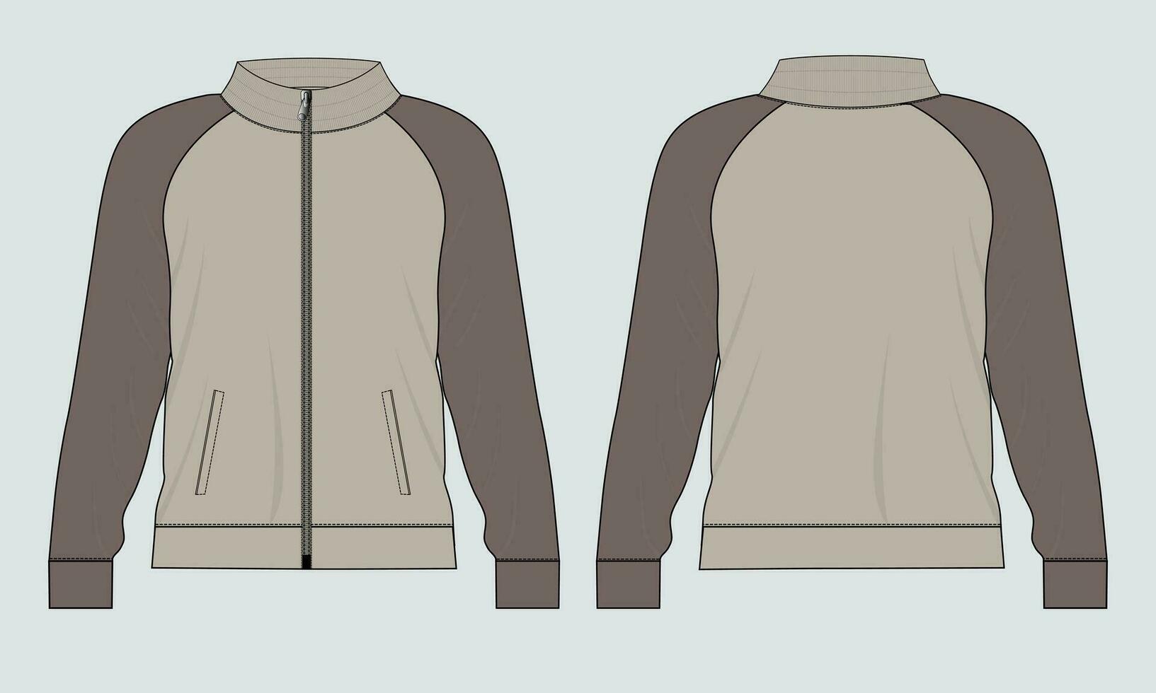 Long sleeve jacket with pocket and zipper technical fashion flat sketch vector illustration template front and back views. Fleece jersey sweatshirt jacket for men's and boys.