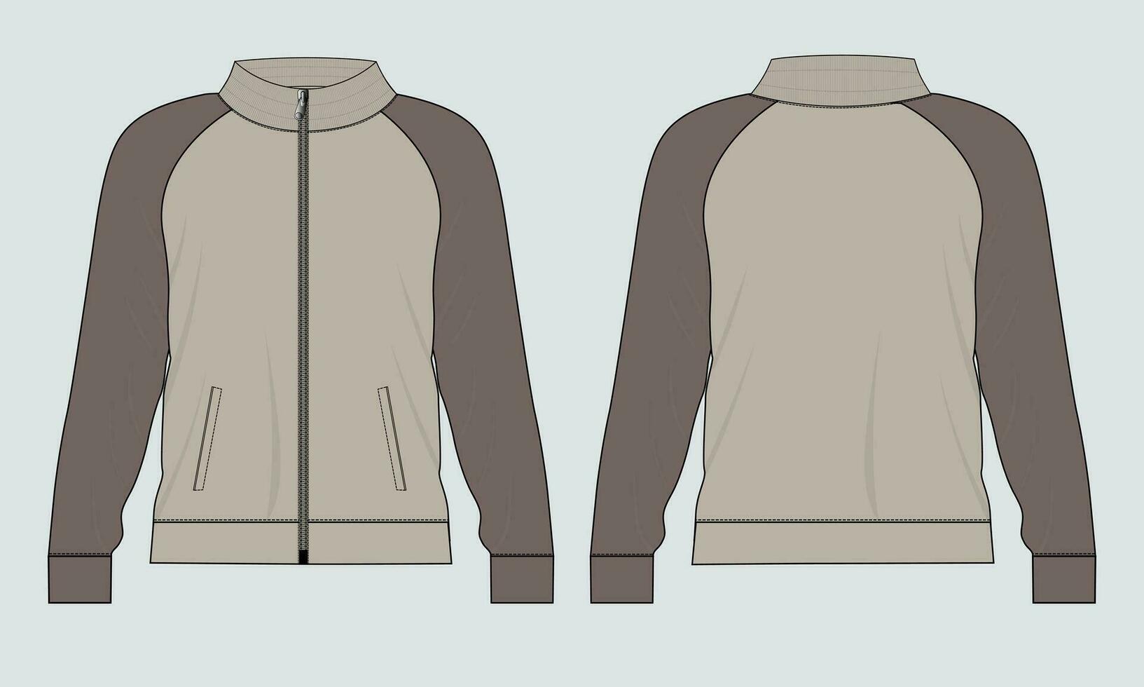 chaqueta de manga larga con bolsillo y cremallera vista frontal y posterior de la plantilla de ilustración vectorial de boceto plano de moda técnica. Chaqueta tipo sudadera de tejido polar para hombre y niño. vector