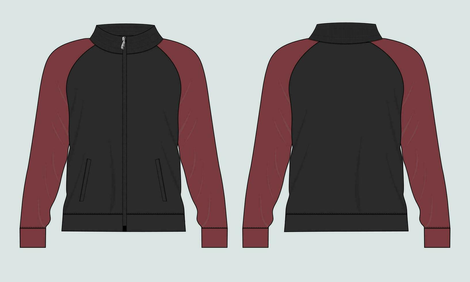 Long sleeve jacket with pocket and zipper technical fashion flat sketch vector illustration template front and back views. Fleece jersey sweatshirt jacket for men's and boys.