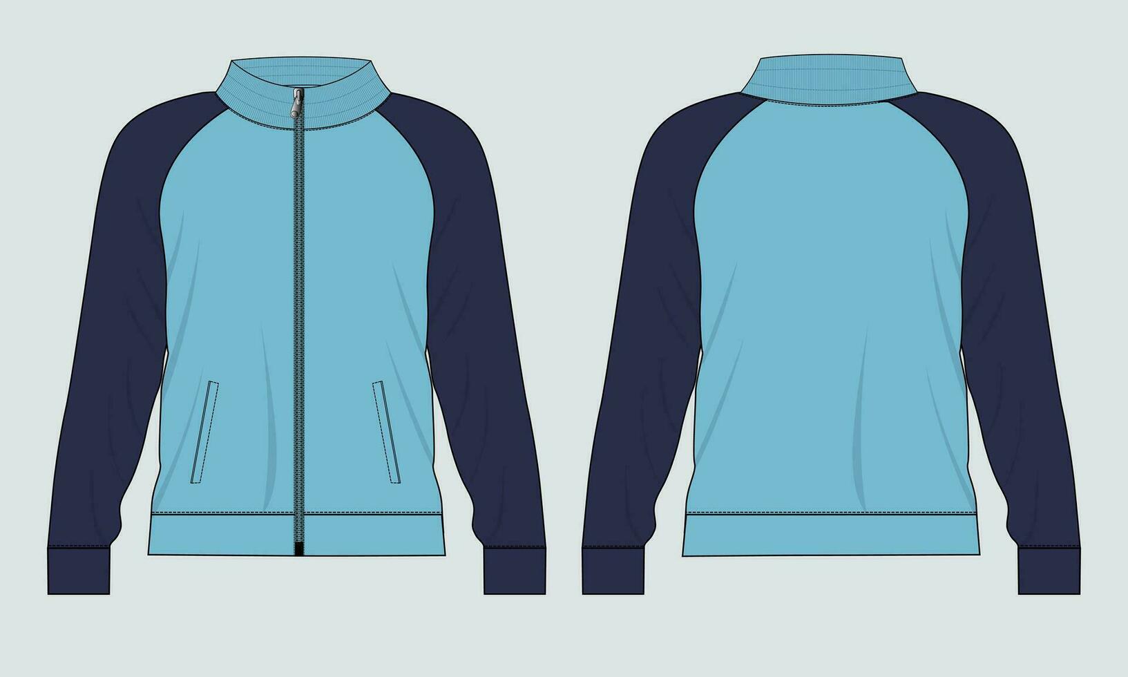 Long sleeve jacket with pocket and zipper technical fashion flat sketch vector illustration template front and back views. Fleece jersey sweatshirt jacket for men's and boys.