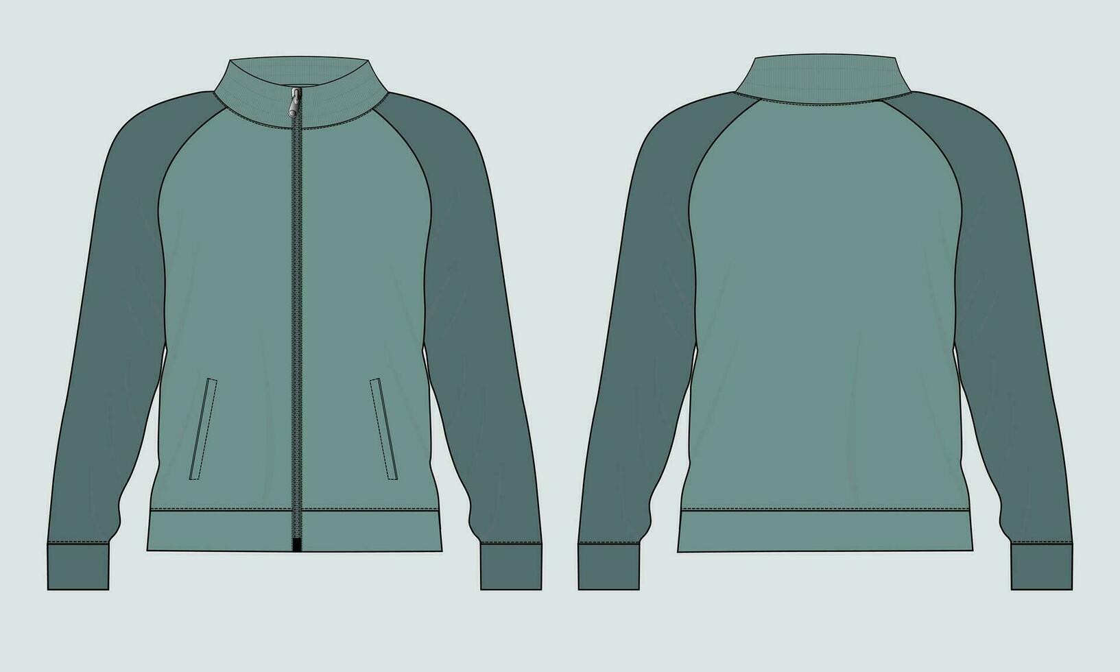Long sleeve jacket with pocket and zipper technical fashion flat sketch vector illustration template front and back views. Fleece jersey sweatshirt jacket for men's and boys.