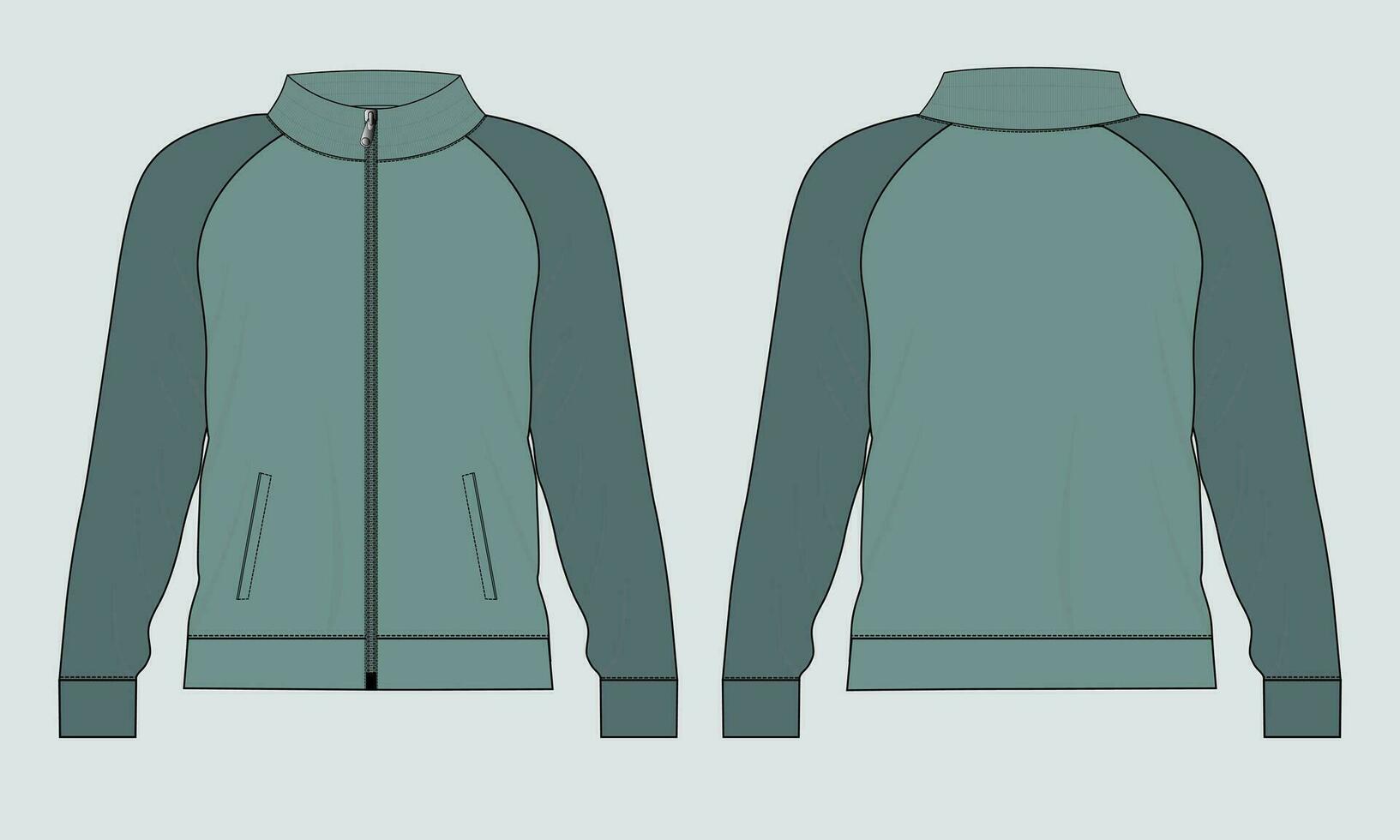 chaqueta de manga larga con bolsillo y cremallera vista frontal y posterior de la plantilla de ilustración vectorial de boceto plano de moda técnica. Chaqueta tipo sudadera de tejido polar para hombre y niño. vector