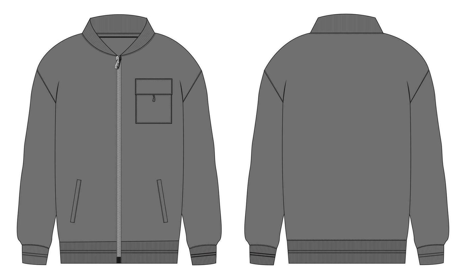 Long sleeve jacket with pocket and zipper technical fashion flat sketch vector illustration template front and back views. Fleece jersey sweatshirt jacket for men's and boys.