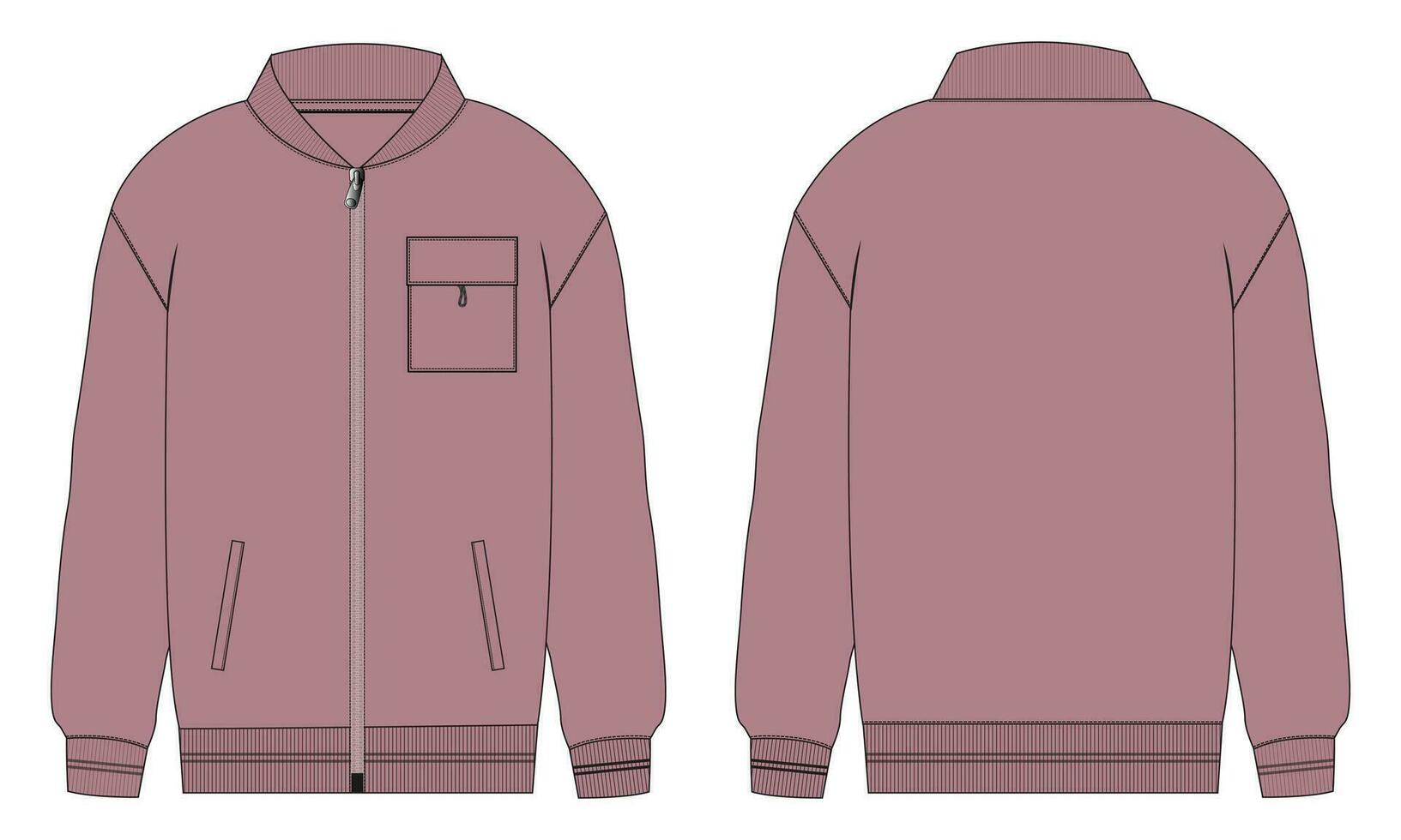 chaqueta de manga larga con bolsillo y cremallera vista frontal y posterior de la plantilla de ilustración vectorial de boceto plano de moda técnica. Chaqueta tipo sudadera de tejido polar para hombre y niño. vector