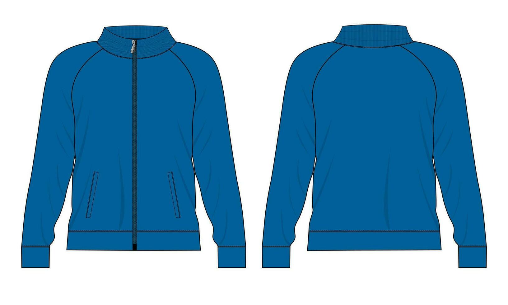 Long sleeve jacket with pocket and zipper technical fashion flat sketch vector illustration template front and back views. Fleece jersey sweatshirt jacket for men's and boys.