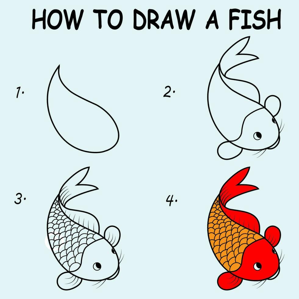 Step by step to draw a Cute Fish. Drawing tutorial a Cute Fish. Drawing lesson for children. Vector illustration