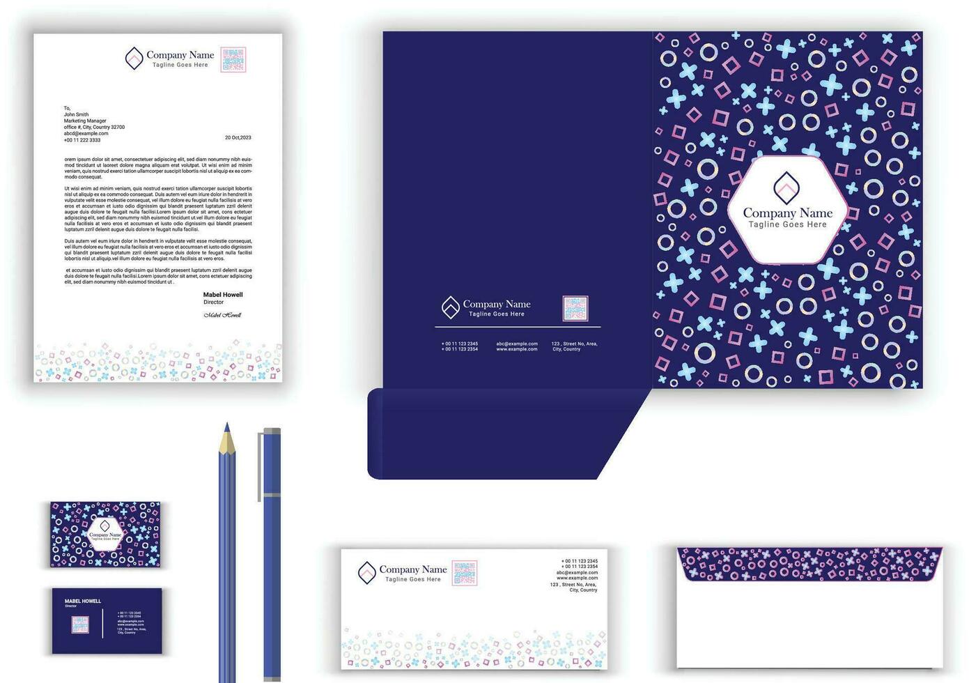 stationery set for business office vector design with letterhead, envelope, presentation folder, business card with qr code, blue stationary set template